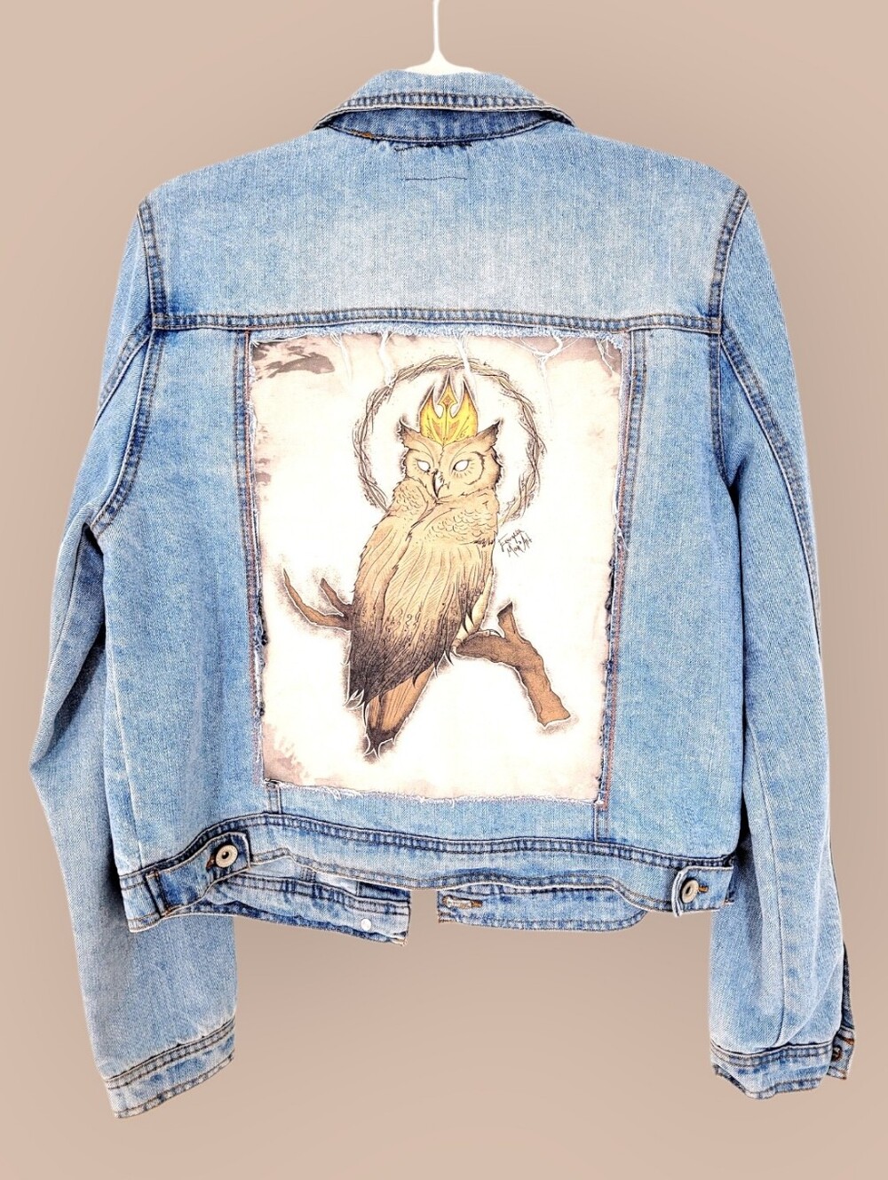 Queen Of The Night One-Of-A-Kind Upcycled Denim Jean Jacket Owl Large